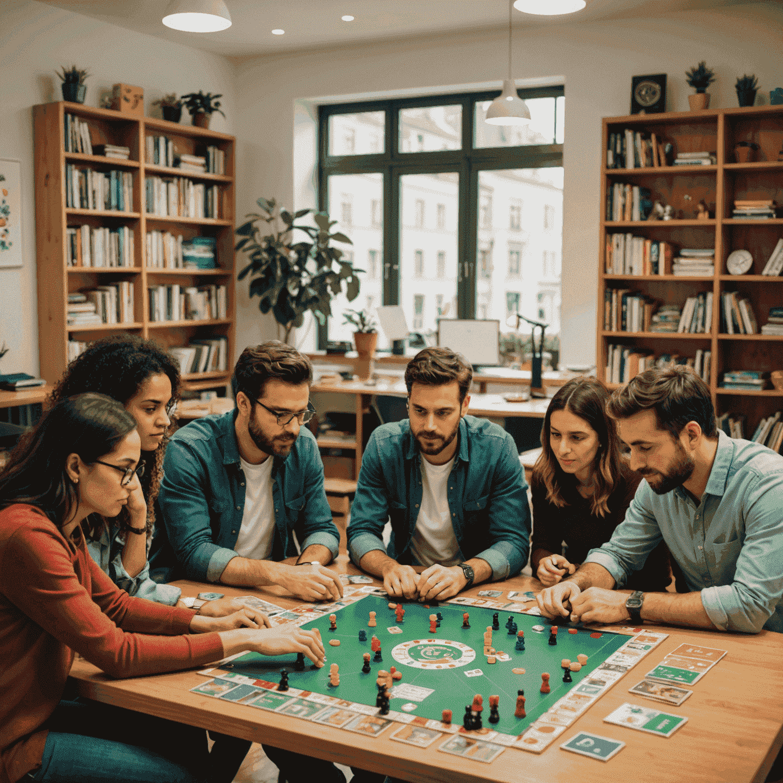 The Plinkgmes team gathered around a table, engrossed in a strategic board game. The image showcases a diverse group of individuals in a warm, inviting office space in Lisbon, with shelves of colorful board games visible in the background.