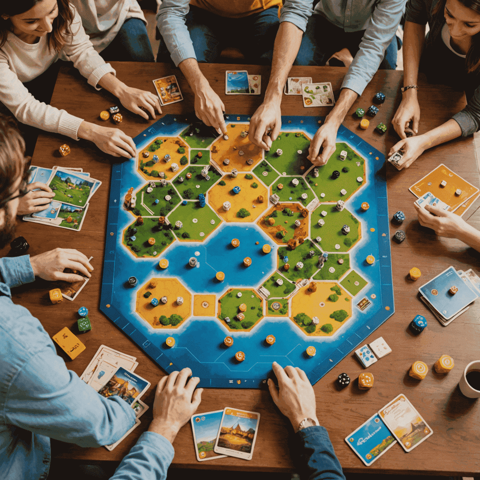 A group of friends gathered around a table, playing various colorful board games. The image showcases popular games like Catan, Ticket to Ride, and Pandemic, with players engaged in friendly competition.