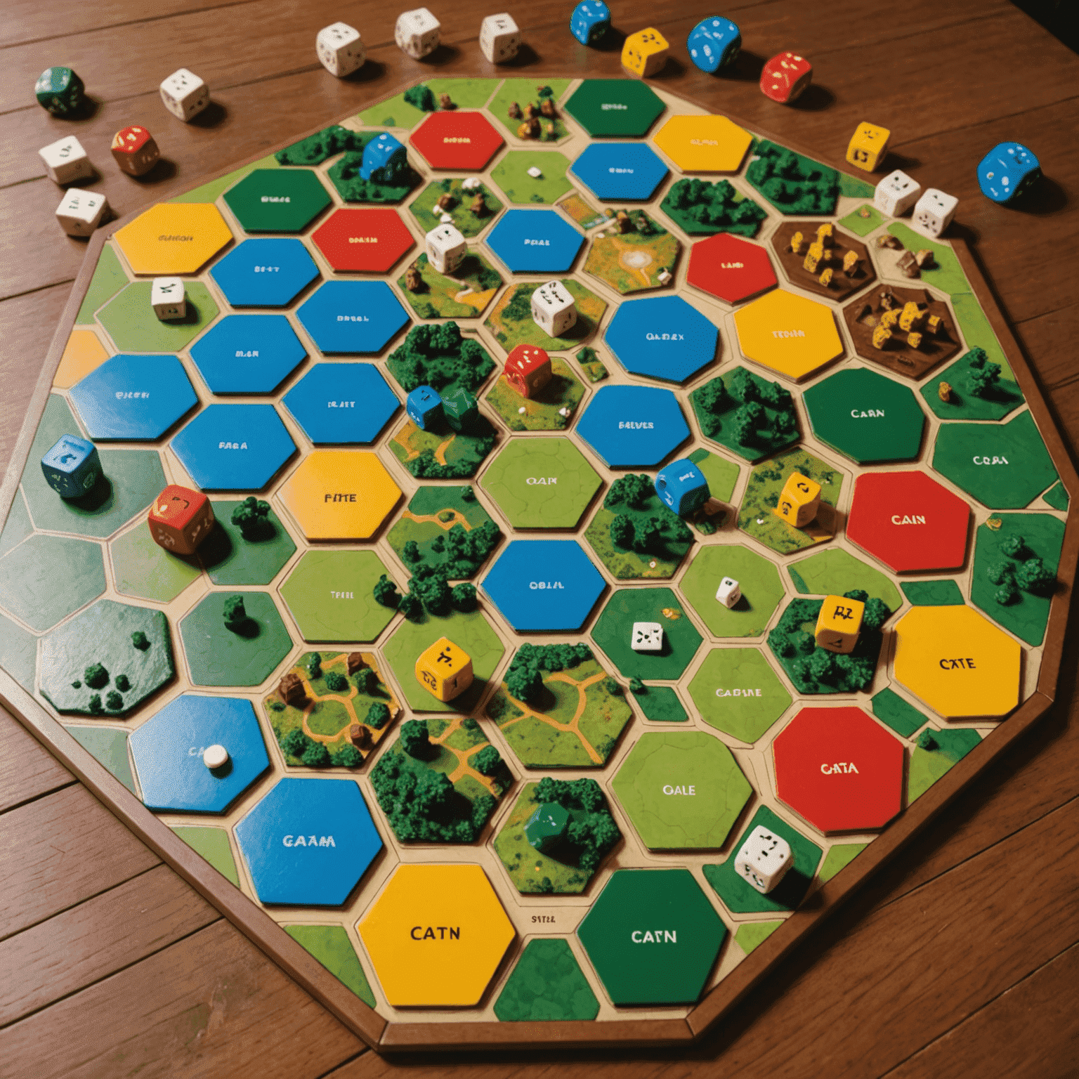 Catan board game with hexagonal tiles representing different resources, settlement pieces, and dice