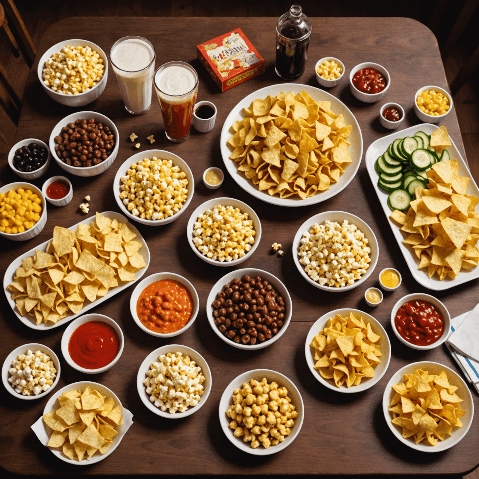 A table set up with various board games and an array of delicious, easy-to-eat snacks including popcorn, chips, dips, and finger sandwiches