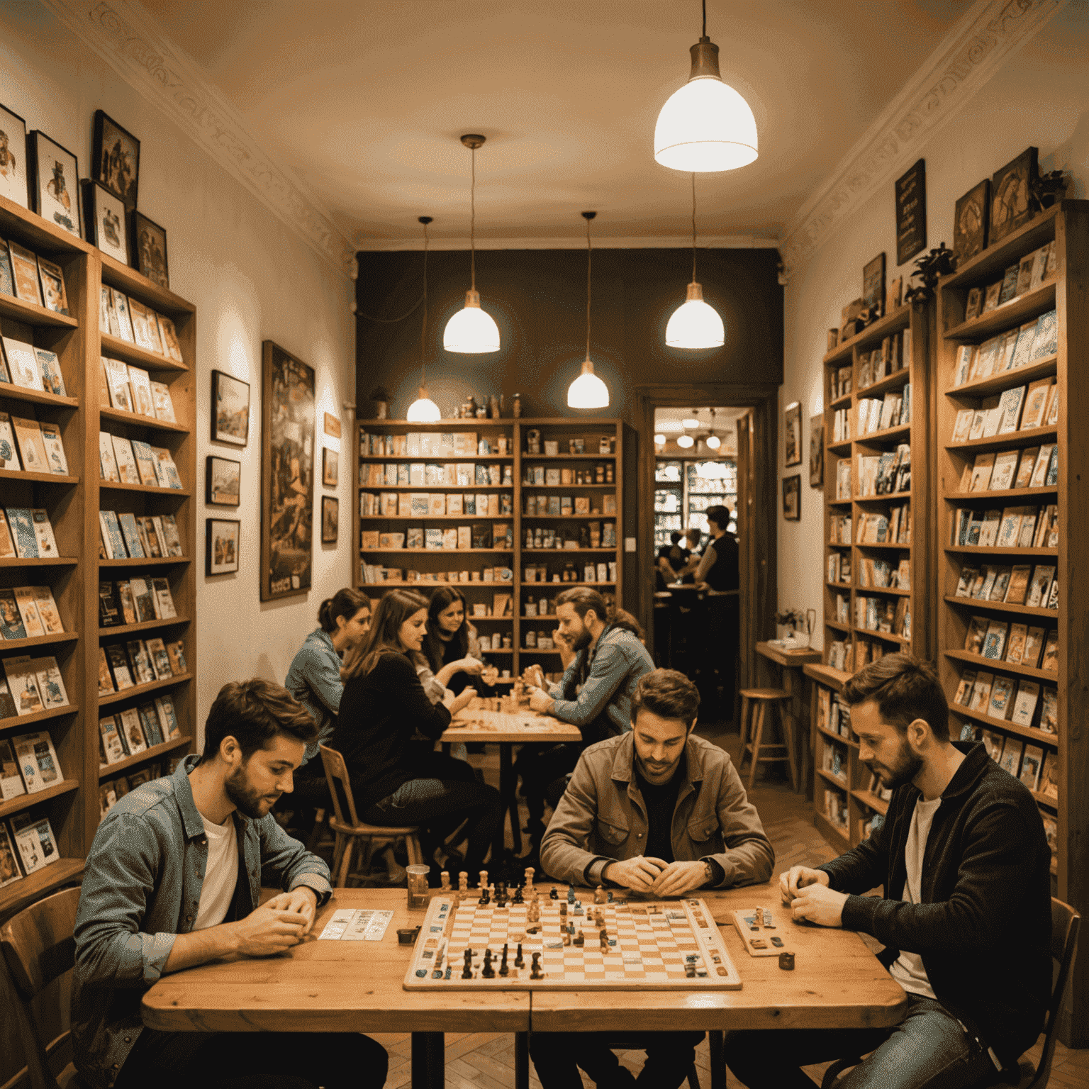 A cozy board game cafe in Lisbon, with groups of people playing various games at wooden tables. Shelves lined with colorful board game boxes can be seen in the background.