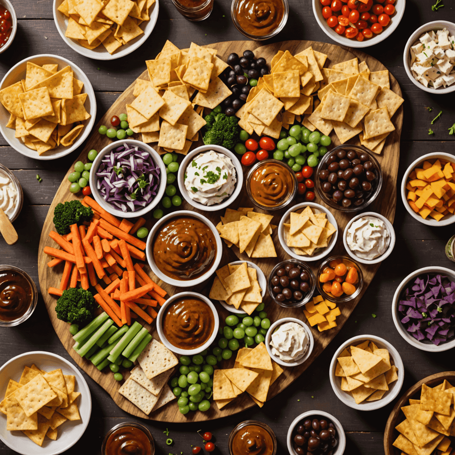 A beautifully arranged platter of game night snacks, including bite-sized sandwiches, colorful vegetable sticks, homemade dips, and a variety of chips and crackers. The snacks are displayed on a wooden board next to some board game pieces.