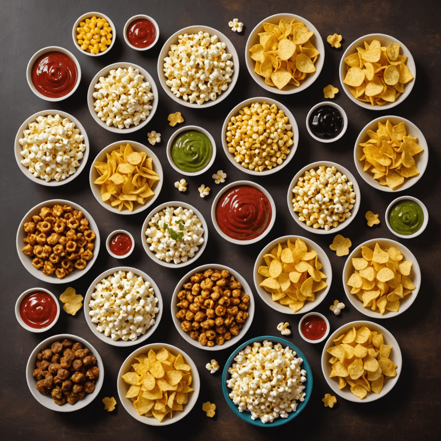 A table filled with various easy-to-make snacks like popcorn, chips, dips, and finger foods, perfect for a board game night