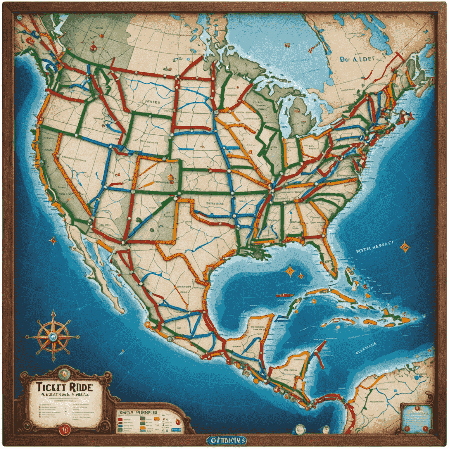 Ticket to Ride game board featuring a map of North America with colorful train routes