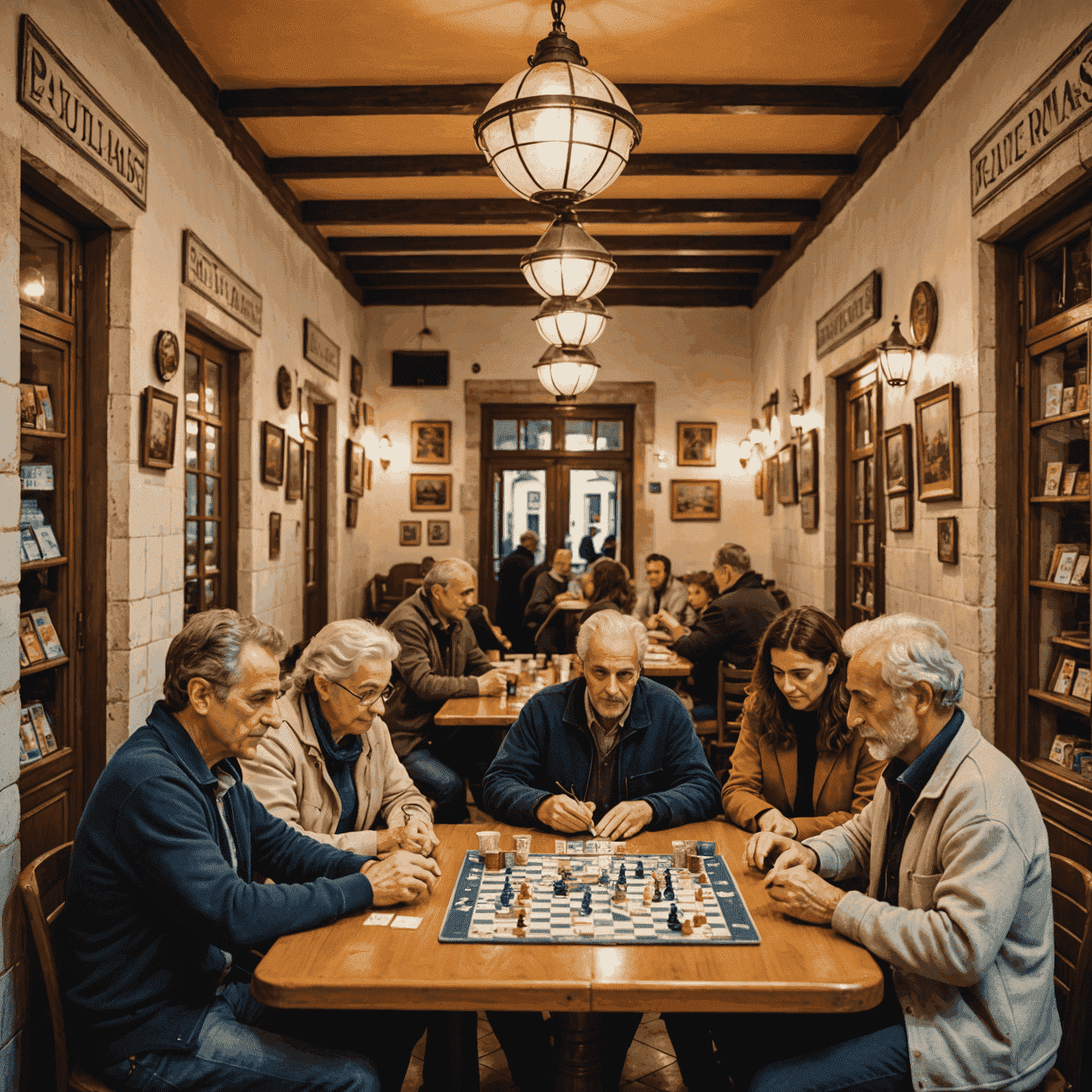 A cozy Portuguese café with people playing board games. The image shows traditional Portuguese architecture, with azulejo tiles on the walls, and tables filled with various board games. Players of different ages are engaged in games, creating a warm and inviting atmosphere.