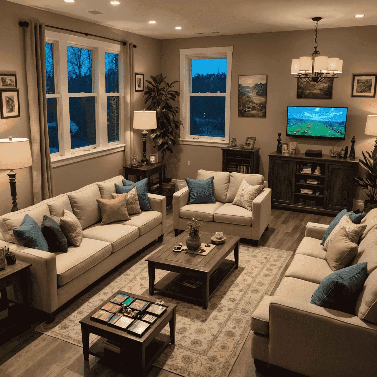 A well-organized living room set up for a board game party, with multiple games, comfortable seating, and ambient lighting