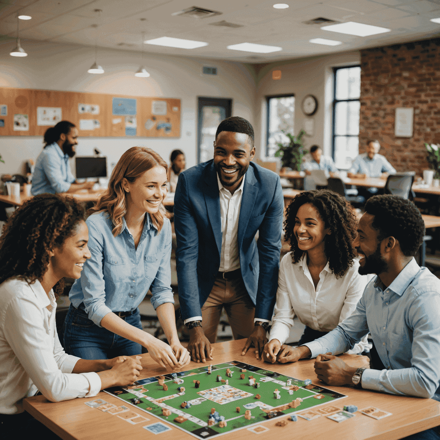 An office break room with employees engaged in a board game, smiling and interacting in a relaxed work environment