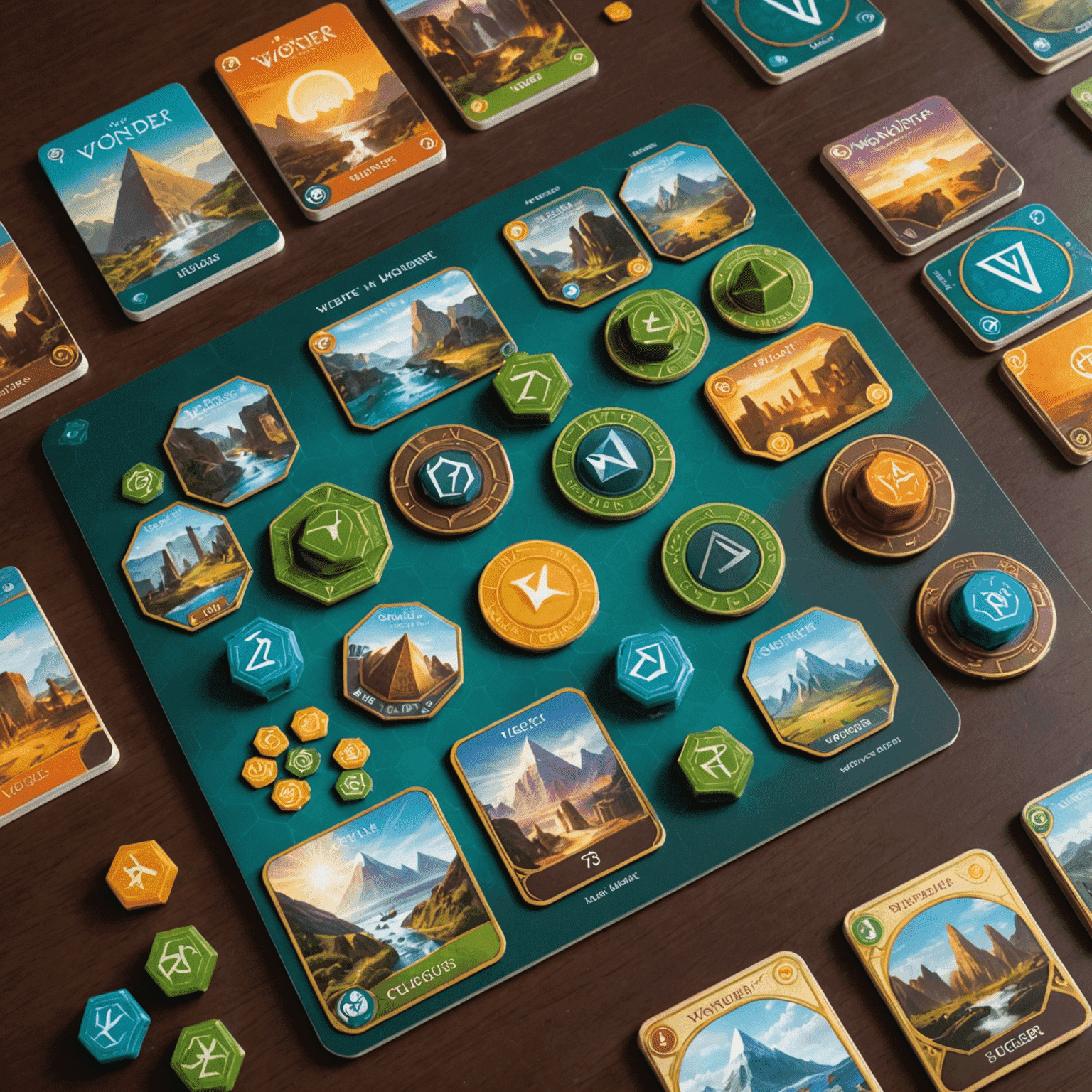 7 Wonders game components including wonder boards, resource cards, and victory point tokens