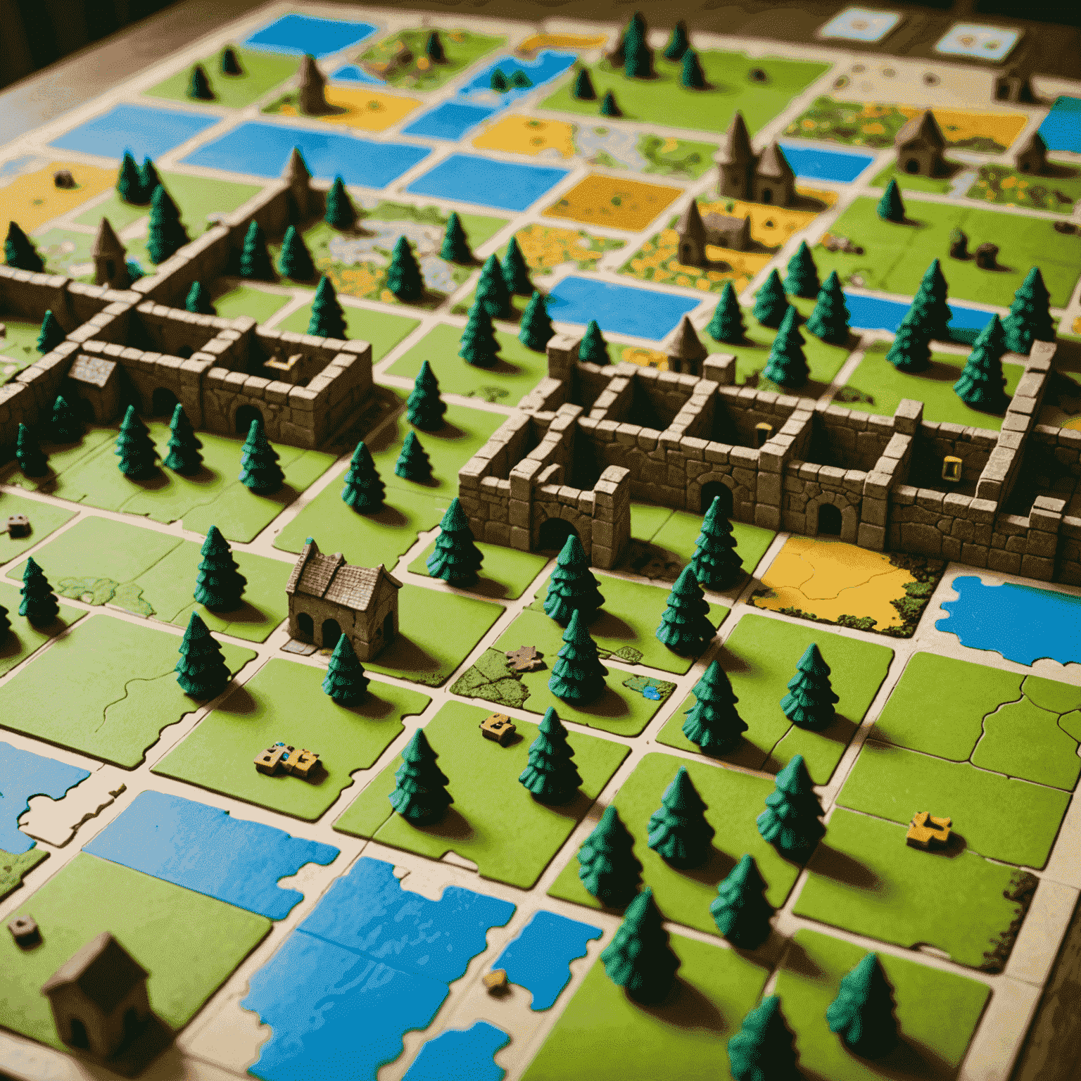 Carcassonne game in progress with a partially built landscape of tiles and meeples